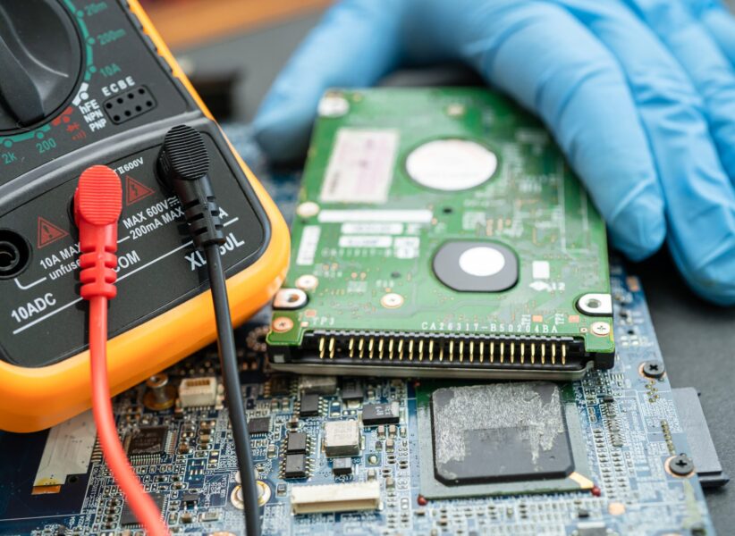 technician repairing inside of hard disk by soldering iron. Integrated Circuit. the concept of data, hardware, technician and technology.