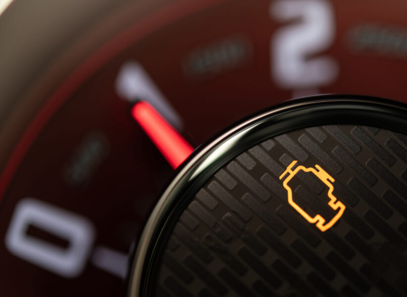 Blinking Orange Check Engine Control Light on a Vehicle Dashboard. Engine Systems Failure. Automotive Theme.